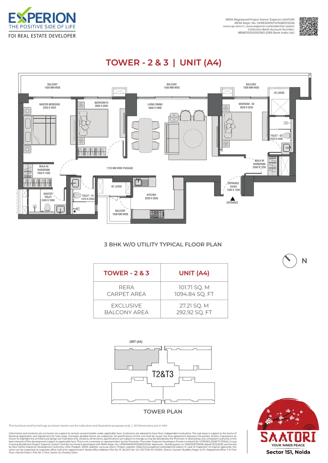 Experion Saatori Sector 151 Noida — 3 BHK floor plan, RERA carpet area