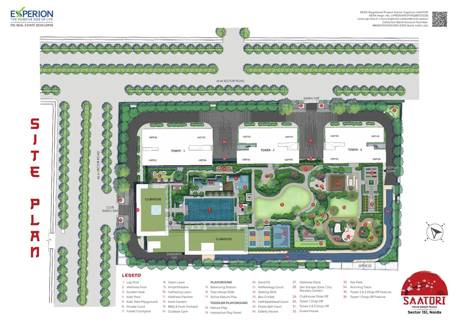 Experion Saatori Sector 151 Noida — site plan with 3 towers and central club